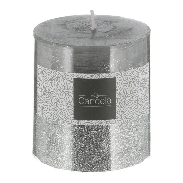 Stumpenkerze, grau und silber glitzer
