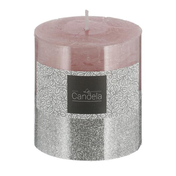 Stumpenkerze, rosa und silber glitzer