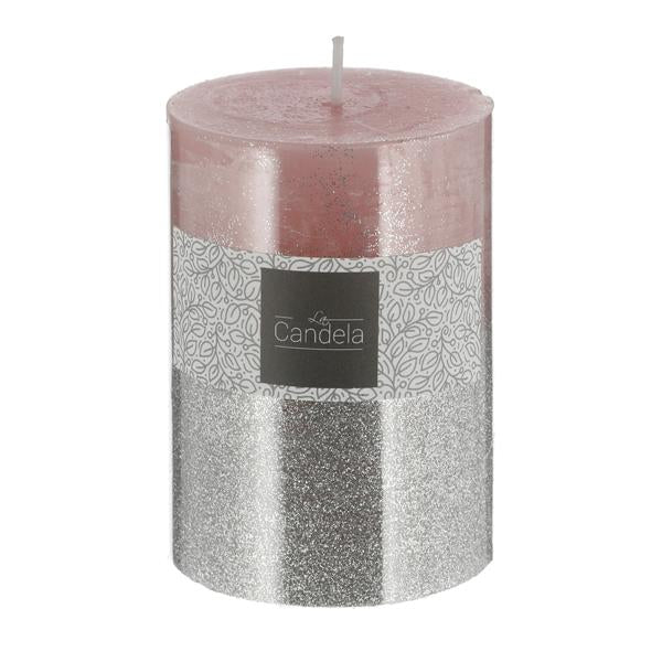 Stumpenkerze, rosa und silber glitzer