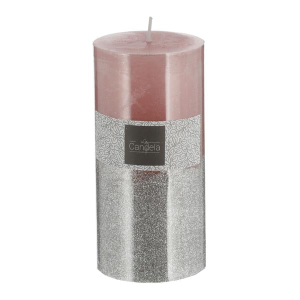 Stumpenkerze, rosa und silber glitzer
